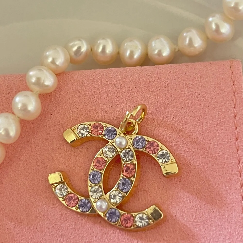 Gold Chanel Charm with Pink, Purple and Pearl Accents - Picture 3 of 10